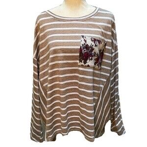Umgee Women’s Top Large Floral Oversized Boho Lagenlook Pocket Patchwork Stripe